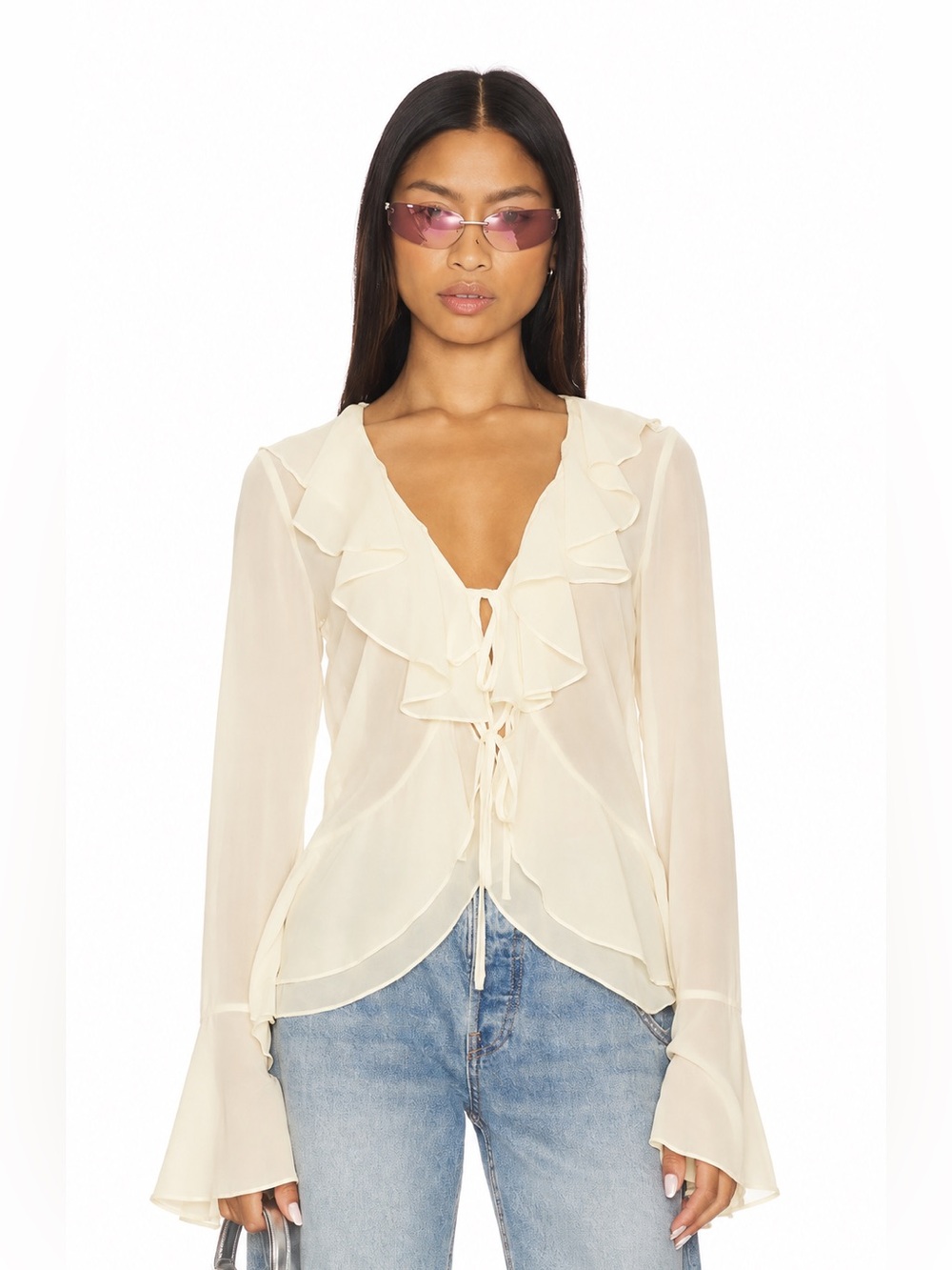 Front Tie Ruffled Blouse in Cream